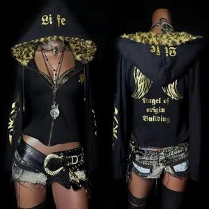 Black Hoodie with Gold Lettering and Fur Trim